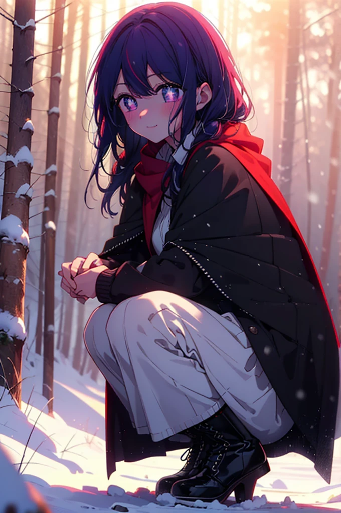 aihoshino, Ai Hoshino, Long Hair, bangs, (Purple eyes:1.1), Purple Hair, (Symbol-shaped pupil:1.5), smile,,smile,blush,white breath,
Open your mouth,snow,Ground bonfire, Outdoor, boots, snowing, From the side, wood, suitcase, Cape, Blurred, , forest, White handbag, nature,  Squat, Mouth closed, Cape, winter, Written boundary depth, Black shoes, red Cape break looking at viewer, Upper Body, whole body, break Outdoor, forest, nature, break (masterpiece:1.2), Highest quality, High resolution, unity 8k wallpaper, (shape:0.8), (Beautiful and beautiful eyes:1.6), Highly detailed face, Perfect lighting, Highly detailed CG, (Perfect hands, Perfect Anatomy),