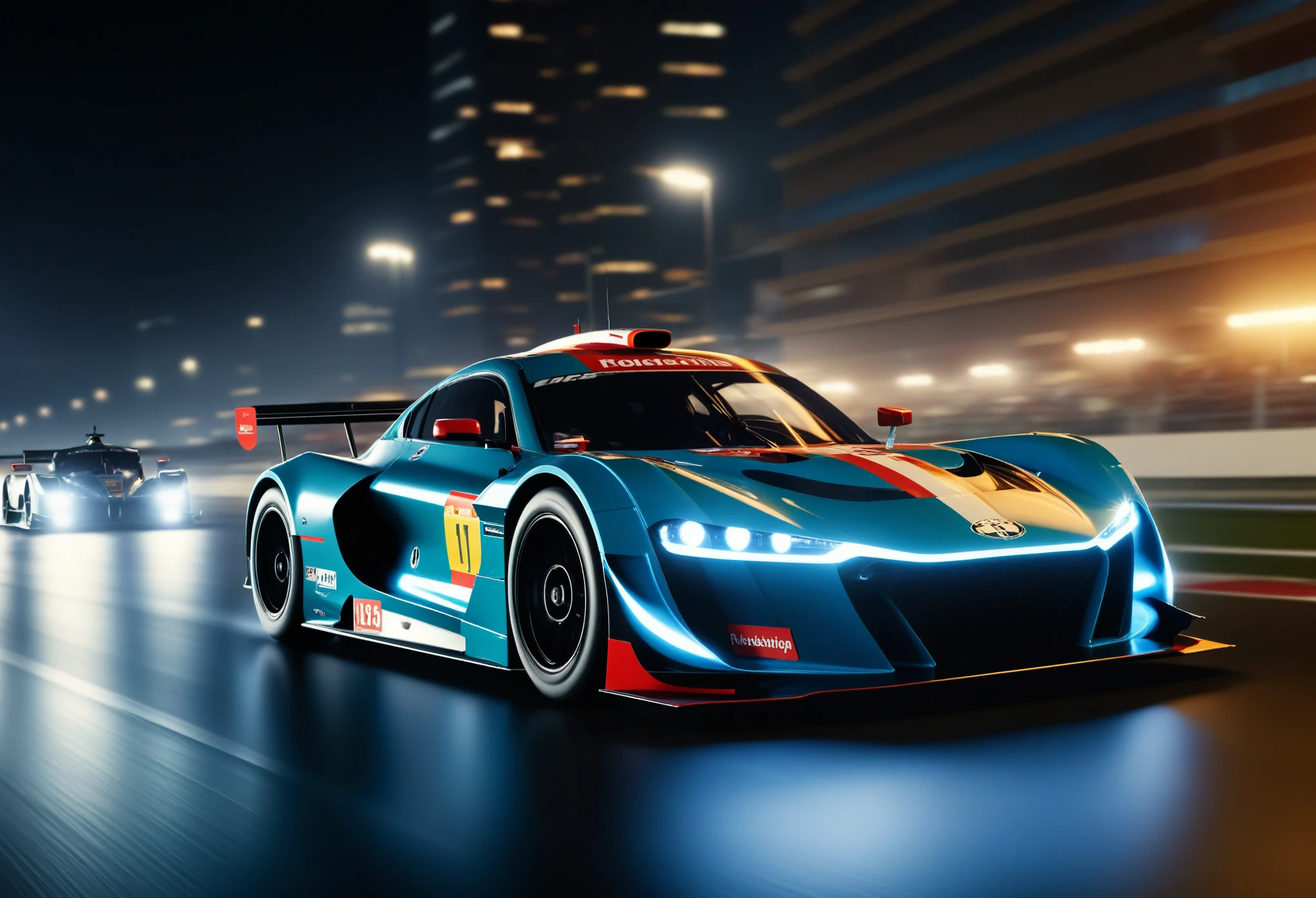 a Racing Car is racing through the streets of a night metropolis, blurred lights from high speed in the background, focusing on a Racing Car, the background is blurred due to the high speed of the Racing Car, lightning and energy discharges emanate from under the wheels of the Racing Car, indicating the great speed and power of the Racing Car, realistic, artistic photo, Racing Car in detail shown, attributes of Racing Street and road, cinematic frame, action, fast moving Racing Car