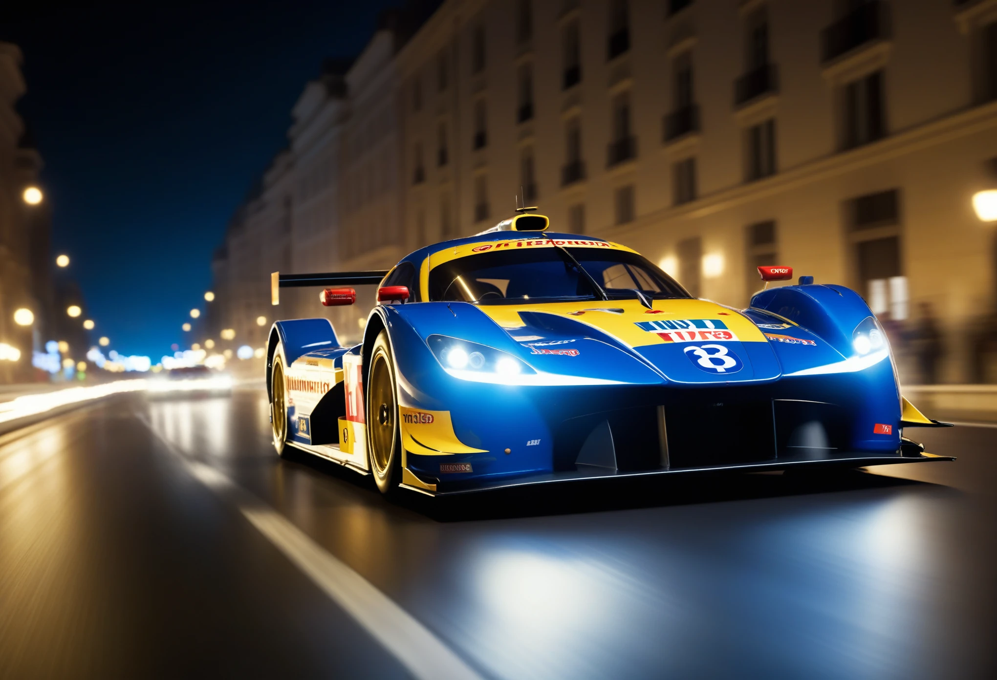 a Racing Car is racing through the streets of a night metropolis, blurred lights from high speed in the background, focusing on a Racing Car, the background is blurred due to the high speed of the Racing Car, lightning and energy discharges emanate from under the wheels of the Racing Car, indicating the great speed and power of the Racing Car, realistic, artistic photo, Racing Car in detail shown, attributes of Racing Street and road, cinematic frame, action, fast moving Racing Car