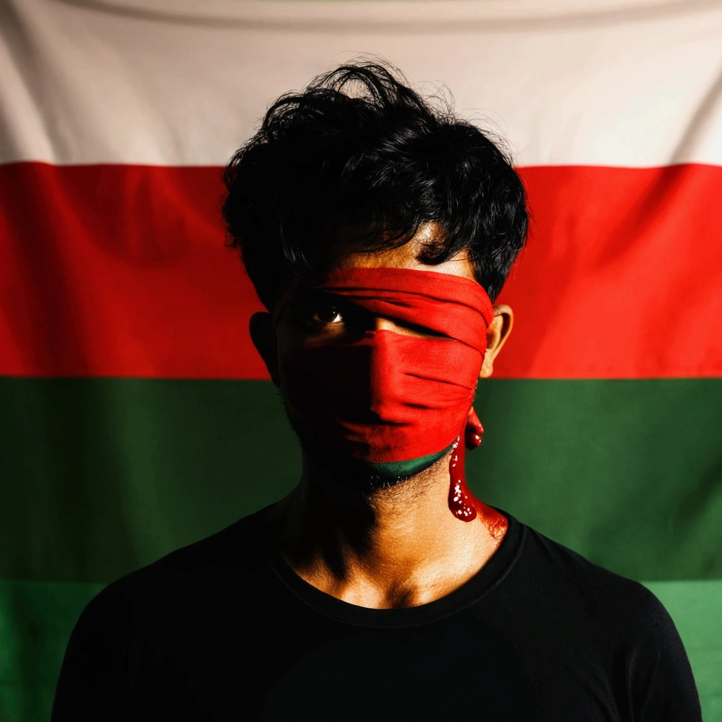 Man Standing in front of Bangladeshi flag background with red cloth and blood 