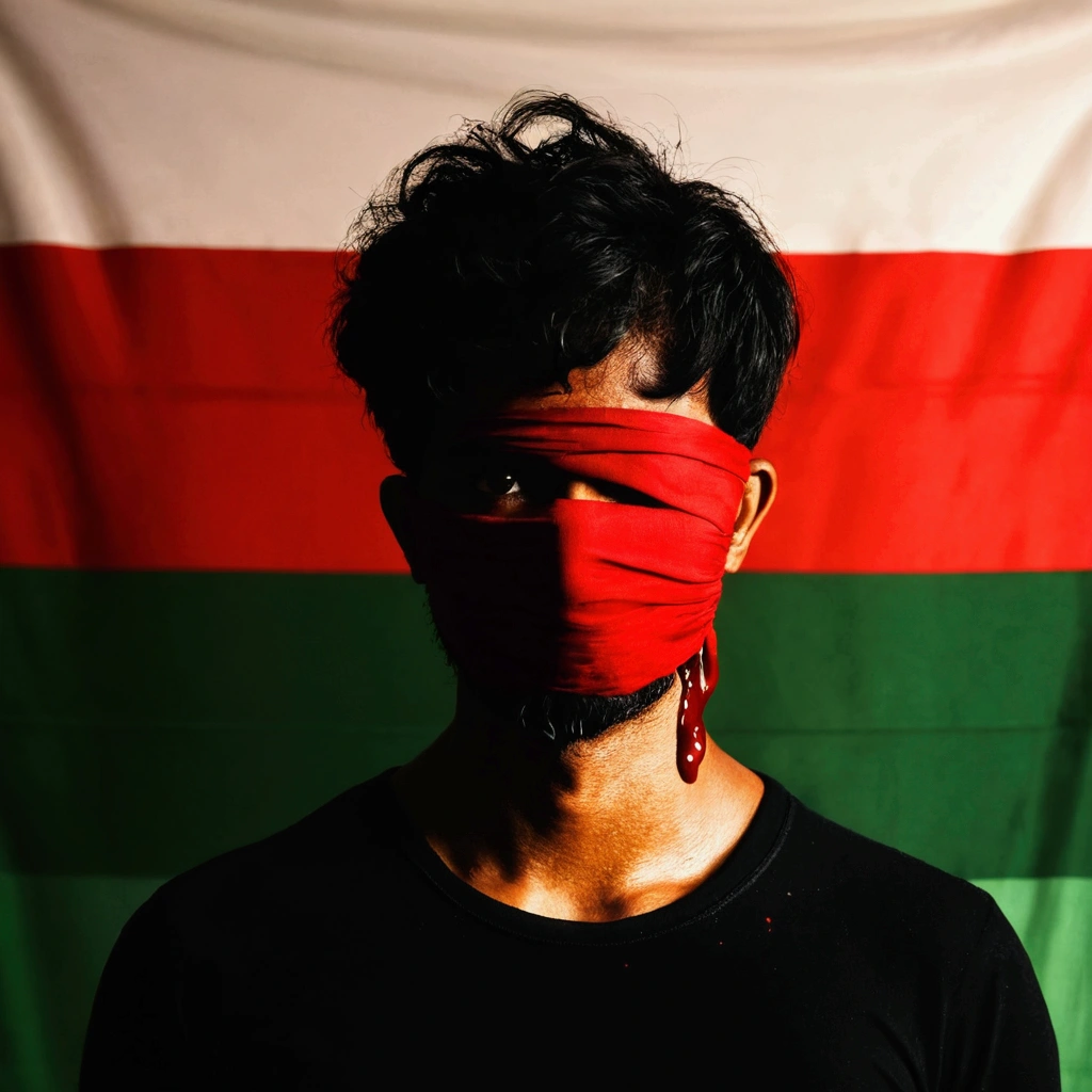 Man Standing in front of Bangladeshi flag background with red cloth and blood 
