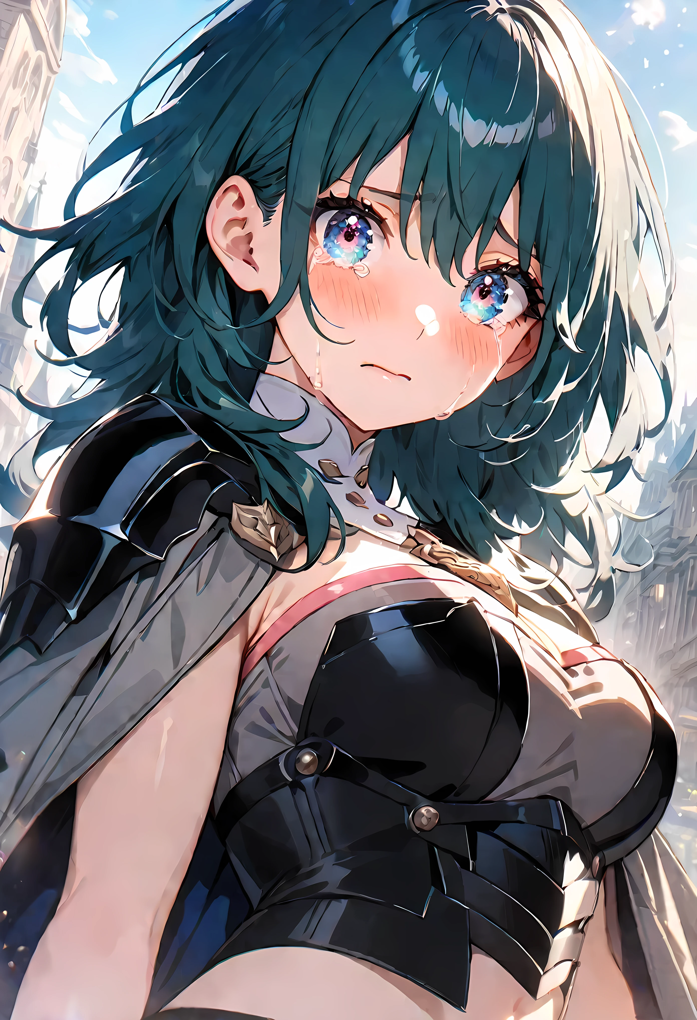 Cinematic, official art, Fancy effects, masterpiece, best quality, very aesthetic, absurdres, 1girl, byleth\(female)\(fire emblem), fire emblem, looking at viewer, upper body, breasts, jacket on shoulders, bodice, armor, midriff, detached collar, sad, city, cinematic angle, shiny skin, shiny hair, face focus, blush, cry, crying, tears, eyelashes, looking at viewer, highly detailed eyes, big eyes, shiny lips,