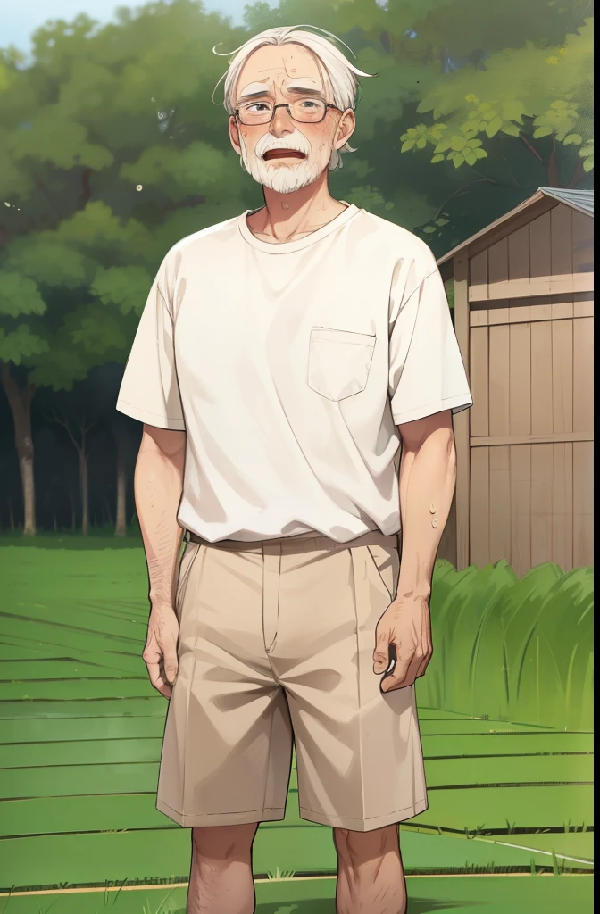 Paddy field,An elderly man is standing,Whitebeard,blush,Sweat,Sloppy face,Open your mouth,saliva,Glasses,White short sleeve,Beige shorts,thin
