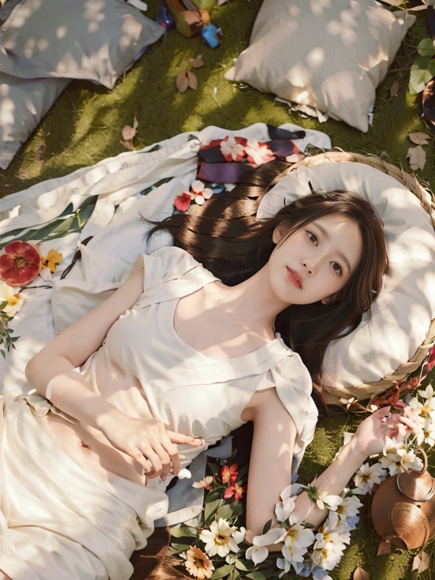 A beautiful girl with long, silky hair is lying on a lush green meadow. She wears a short white t-shirt and a pastel-colored mini skirt, giving her a lively and youthful appearance. She is comfortably resting, eyes closed, as if savoring a peaceful moment.

Around her, there are adorable picnic items: a wicker basket filled with fresh fruits, an open book, a straw hat, and a few soft, small pillows. Beside her, there's a refreshing pitcher of lemonade and a small blanket spread out for her to lie on. Soft sunlight filters through the tree leaves, casting gentle dappled shadows on the grass.

This scene evokes the feeling of a perfect summer afternoon, vibrant and serene, like a picturesque snapshot of a blissful and relaxing picnic day.