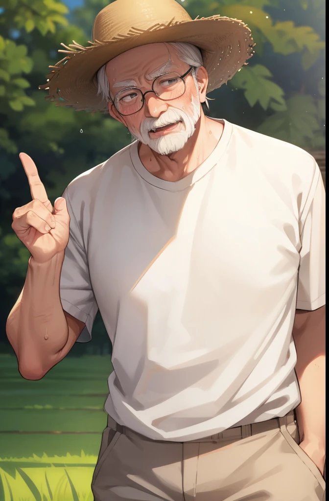 Paddy field,An elderly man is standing,Whitebeard,blush,Sweat,Sloppy face,Open your mouth,saliva,Glasses,White short sleeve,Beige shorts,thin