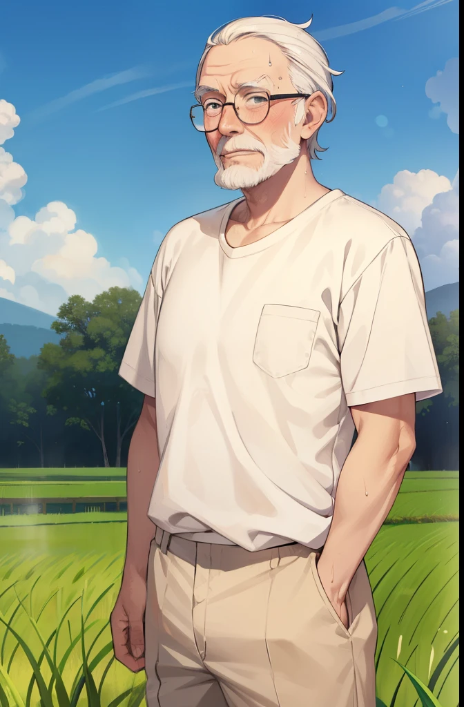 Paddy field,An elderly man is standing,Whitebeard,blush,Sweat,Sloppy face,Open your mouth,saliva,Glasses,White short sleeve,Beige shorts,thin