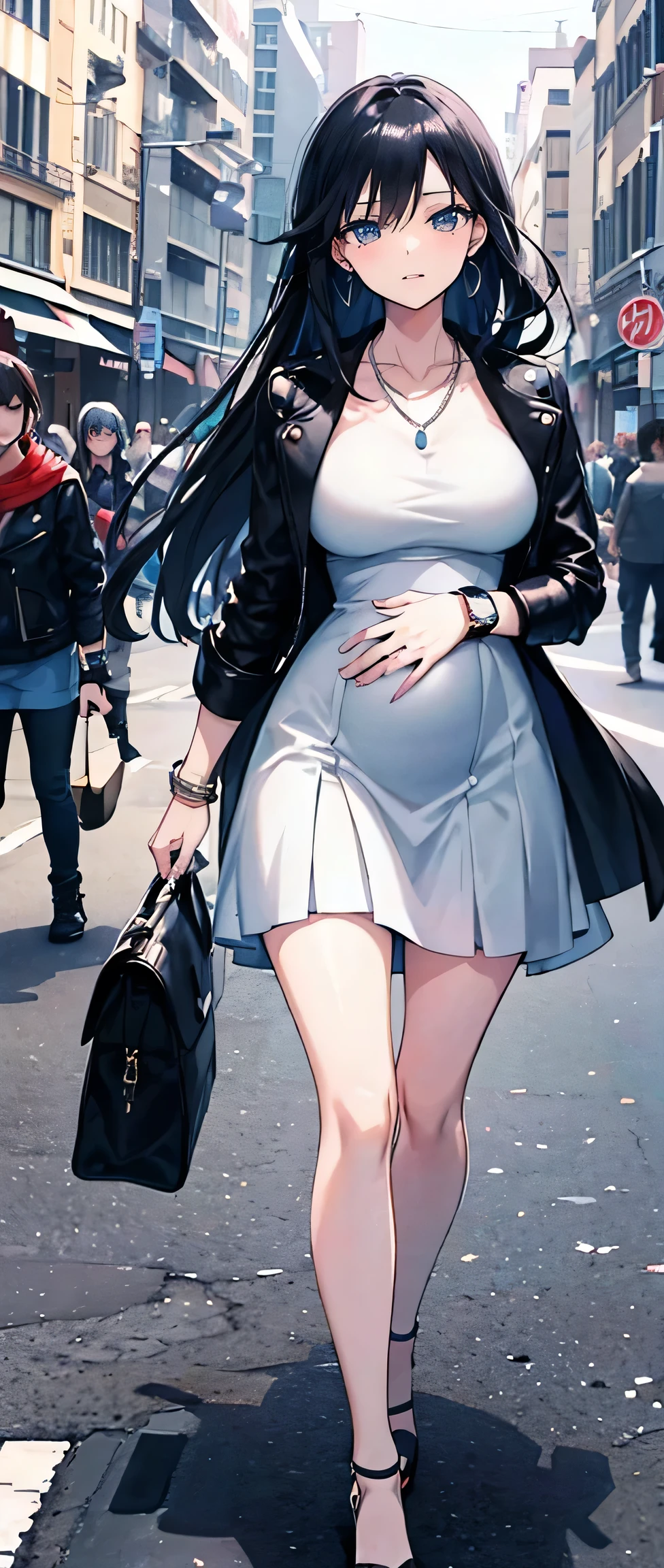 High resolution, high resolution,2D Anime Style,,Cool woman,Mature look,,Beautiful thighs,20th Generation,Black Long Hair,Blue Eyes,Beautiful watch,Beautiful earrings,Beautiful necklace,Casual Fashion,leather jacket,She wore a dress that revealed her shoulders.,He is smiling a little,whole body,Walking around the city, big pregnant belly