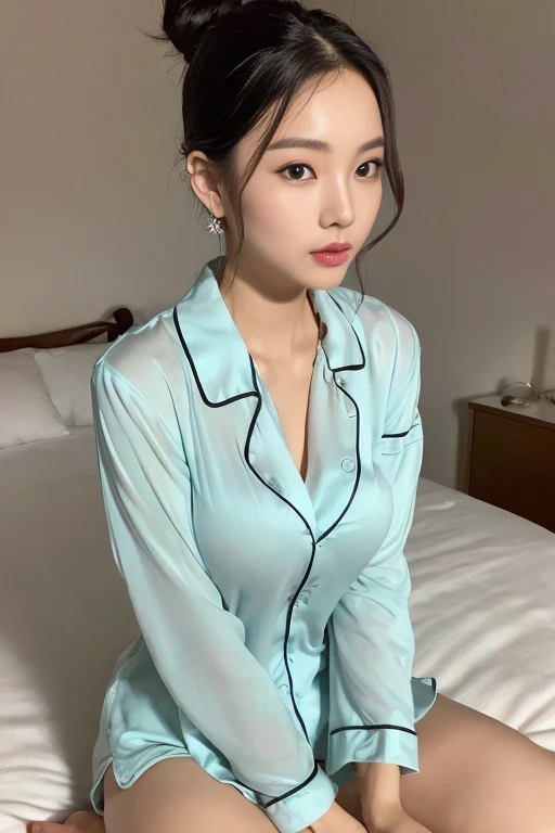 top Quority,Ultra-clear resolution, ((Beautiful Chinese aunt). Body. Sexy. Slim. Thin. Captivating. Natural face. No lipstick. Messy Bun. ( no Earrings-Earrings).
((Micro panties)), ((breasted button-up. pajama sleep shirt)), long legs_full body. Pose.erotic. sit down. On bed