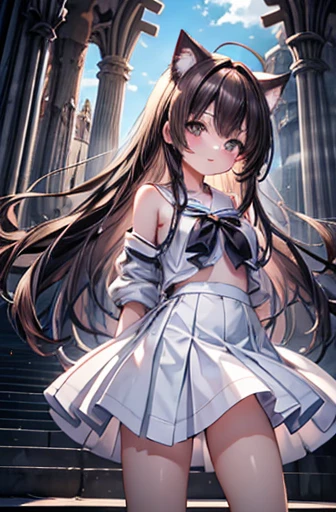 ((masterpiece)), ((Highest quality)), (anime:1.3), (RAW Photos:1.2),(High resolution:1.3), (Professional photography:1.4), ((12 years old)), 8k, Glowing Skin, Cinema Lighting, One girl, Wide Shot, (Cute Uniform), (Cute innocent girl), Slender body, Big , shiny hair, (curtained hair), (Loose bangs), ((:3)), Open your mouth, Bare your fangs, (Conceit), Beautiful clavicle, (Bare hands slightly exposed), (Put on cat ears), Light brown hair, Hair blowing in the wind, break, ((Highest quality)), Wide Shot, Surprise pose, (Surprise pose in the Sagrada Familia), Summer day, beautiful ruins background,