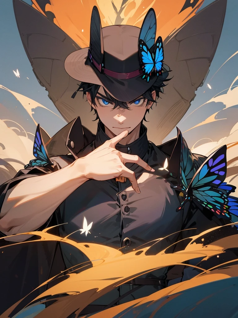 Western landscape、Tiger print short hair、Black tiger armor black top hat、bow、Blue swallowtail butterfly flame、male、masterpiece, 