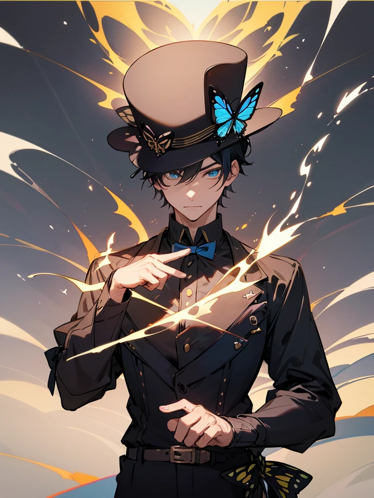 Western landscape、Tiger print short hair、Black tiger armor black top hat、bow、Blue swallowtail butterfly flame、male、masterpiece,