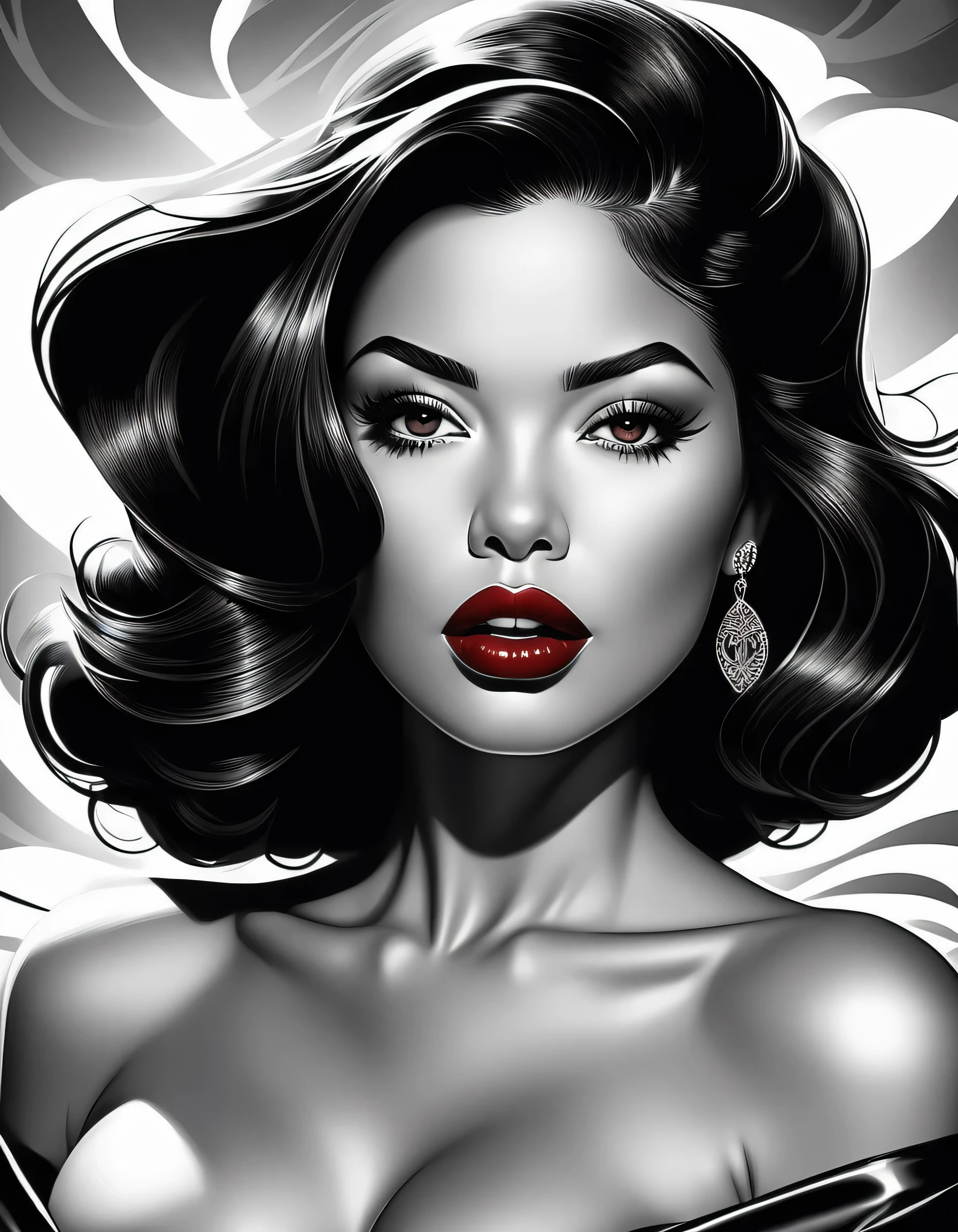 female, fantasy, beauty, in the style of noir comic art, realistic hyper-detailed portraits, black and white grayscale, chicano art, dark cherry red lipstick, realistic yet romantic, flowing lines --ar 23:36 --stylize 750