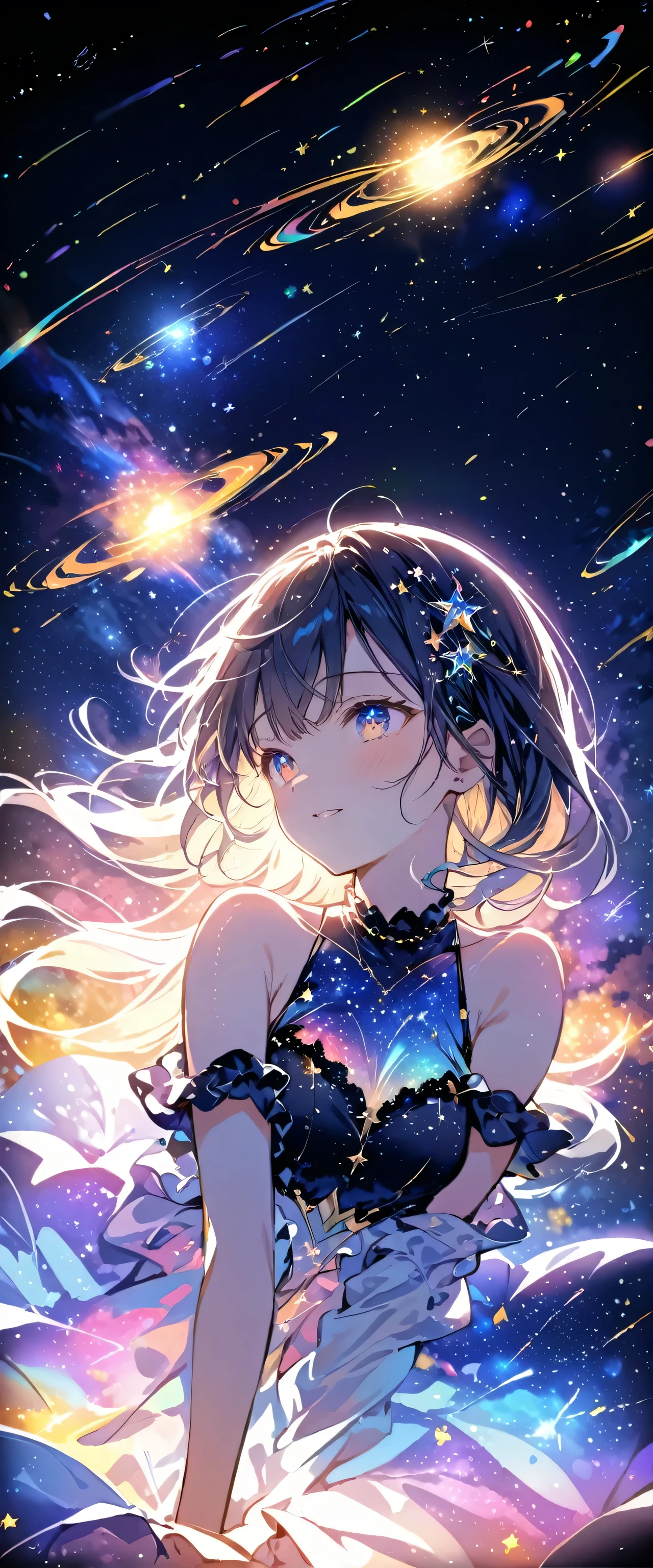 Attention to detail, Super Detail, Ultra-high resolution, A girl having a good time in a dream galaxy, Surrounded by stars, The warm light that shines on her, The background is a starry sky with colorful galaxies and galactic clouds, The stars fly around her, Delicate face, Add a playful touch ,