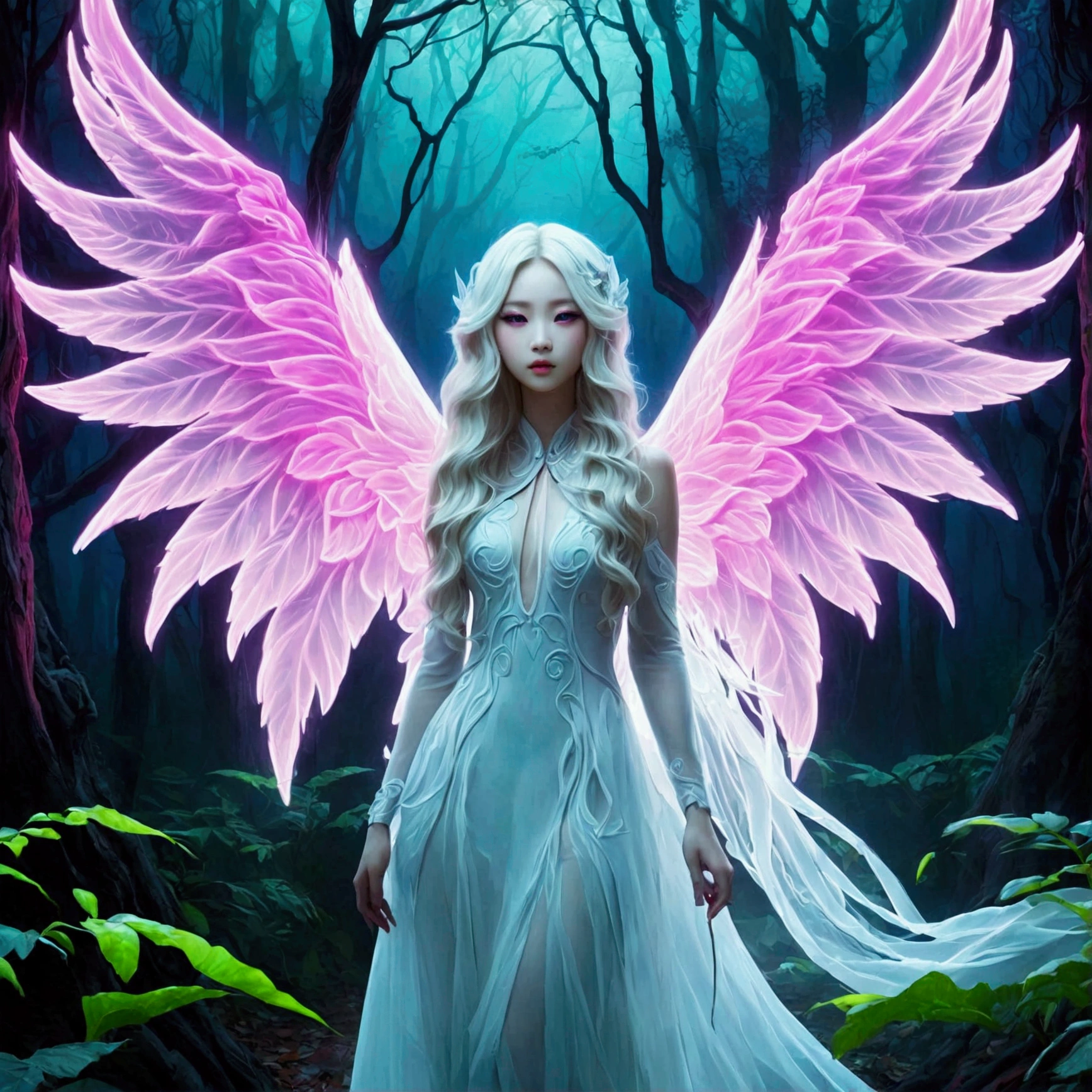 neon，发光的neon, Mysterious desolate forest in the fog，Beautiful girl with long white wavy hair，Stay ahead，withe wings，(翅膀由彩虹色neon轨迹形成:1.3)，surreal，fancy，splendid，vision，all-body