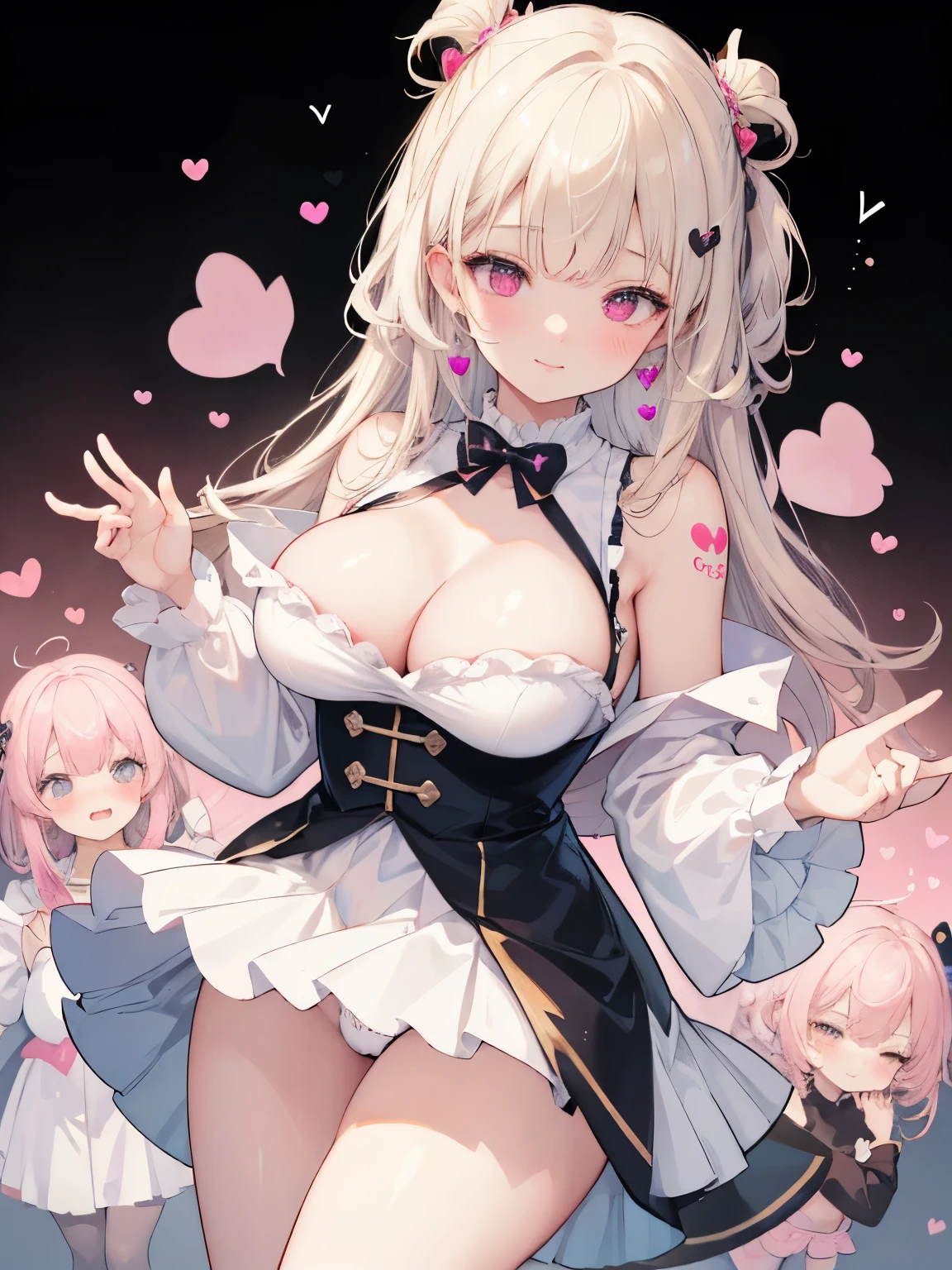 best quality, super fine, 16k, extremely detailed, delicate and dynamic, (3 women and 1 boy:1.4), cute woman,boy, baby face,black hair, pink eyes, A detailed eye, source_anime, high detail, hair ornament,smile, Young features, looking at viewer, (white background:1.3)fluffy hair, Elementary school girls,hair clips, Black Stockings,standing, underwear,age girl, belly button, skirt,beautiful illustrations, highest quality, pretty girl,beautiful girl, clear face, pastel colour ,blonde hair, smile, blush, にこやかなsmile, thighs,perfect hands, five fingereet,Three Succubi (symmetrical succubus wings), (triplets:1.2), (ribbon:1.1), tie, Bree, earrings, Suspicious face, alicious smile, Bruises and ugly facial features, young features, fluffy hair, (Open your mouth and laugh), Chiquita, Colossal , (Put your hands on your face), Ruffled uniforms, hair clips, (Ridicule:1.1), looking-down, Angle from behind, respected by women, (upward looking gaze:1.2), (hearts symbol:1.5), (lump of heart:1.5), (heart effect:1.5), (heart mark:1.5), demon tail, Devil's Taiuccubus, (super Colossal tits:1.3), (heart tattoo:1.3), Yodare, Devil's Tail, Chest Alignment, Girl Sandwich face sandwich (confused and blushing,kawaii facepose your ahegao), hug each other, catch them, そしてサンドイッチを作ってサンドイッチにhug each otherポーズ, (burying boy's face in cleavage:1.3), sandwich from front and back, Sullen expression 4p, boy looking away