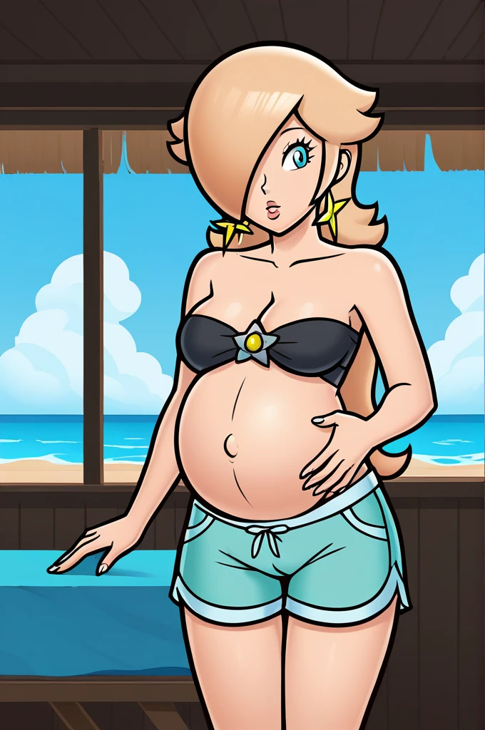 score_9, score_8_up, 1girl, solo, rosalina, style parody, thick outlines, black bikini, shorts, pregnant belly, sleeveless, strapless, cleavage, indoors, beach, front view