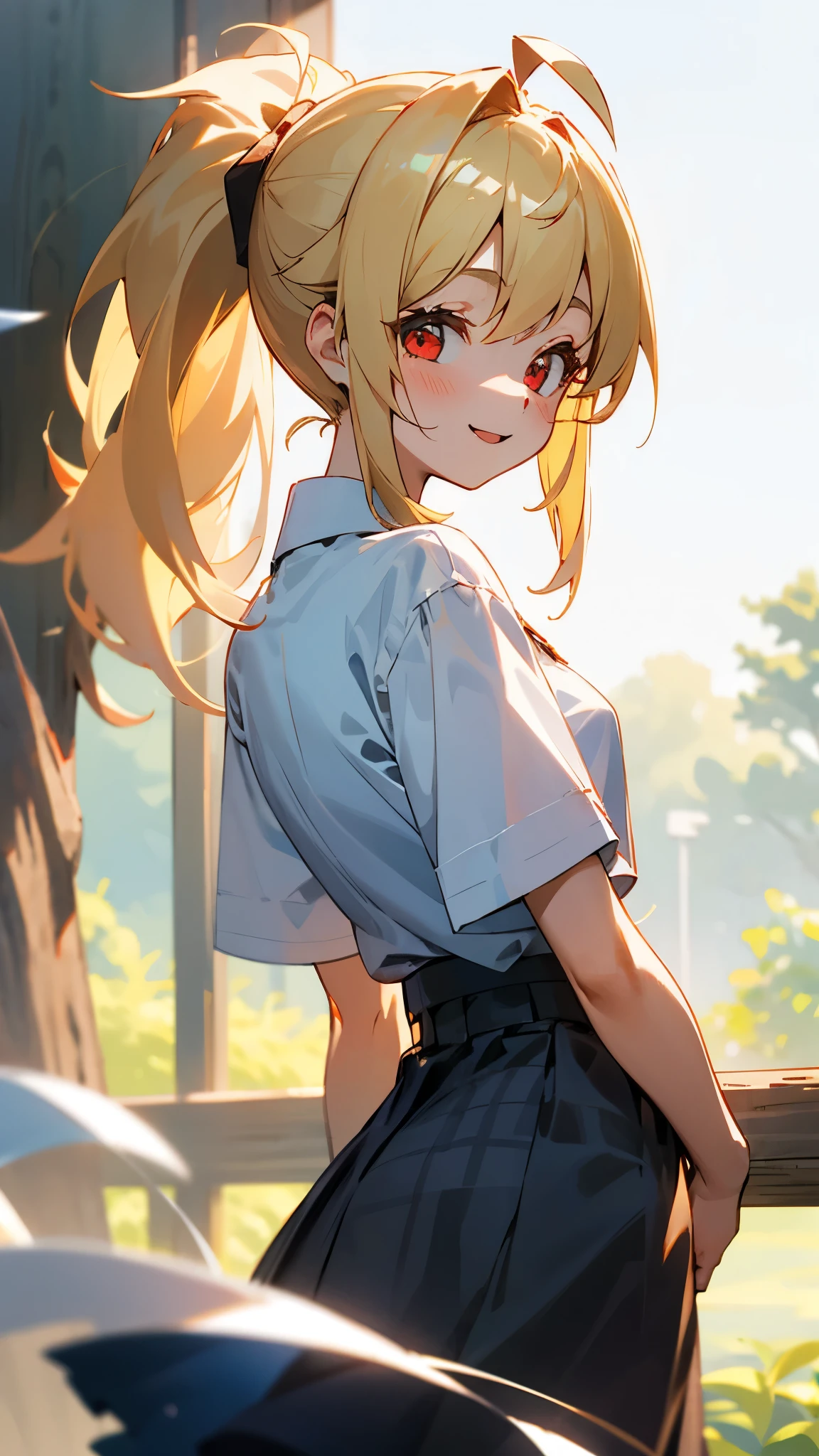、blonde、ponytail、Round red eyes、Ahoge、Small breasts、From the back、smile、white blouse shirt、Checked skirt、wood々Under the bright sunlight shining through、Sharp contours