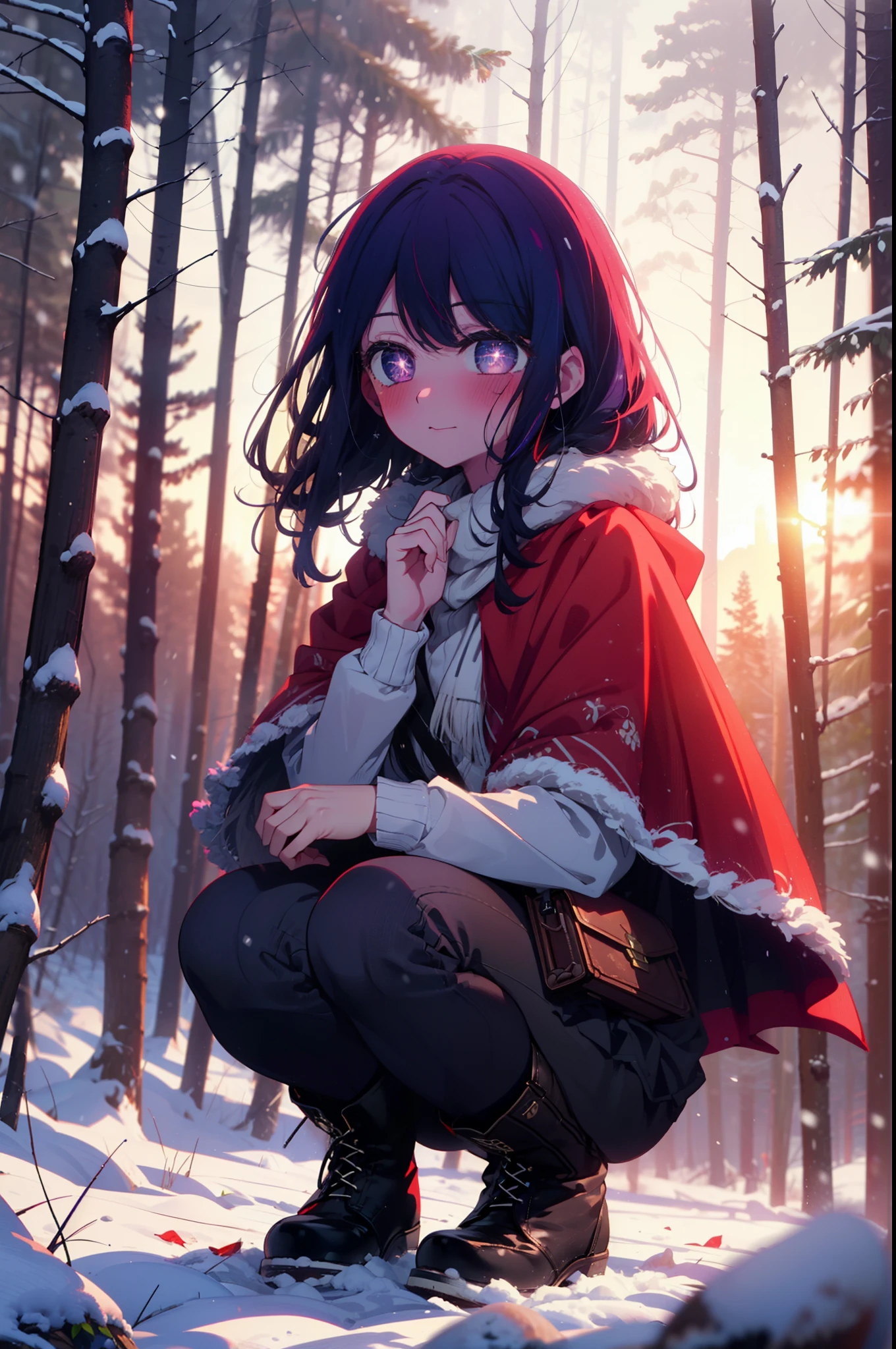 aihoshino, Ai Hoshino, Long Hair, bangs, (Purple eyes:1.1), Purple Hair, (Symbol-shaped pupil:1.5), smile,,smile,blush,white breath,
Open your mouth,snow,Ground bonfire, Outdoor, boots, snowing, From the side, wood, suitcase, Cape, Blurred, , forest, White handbag, nature, Squat, Mouth closed, Cape, winter, Written boundary depth, Black shoes, red Cape break looking at viewer, Upper Body, whole body, break Outdoor, forest, nature, break (masterpiece:1.2), Highest quality, High resolution, unity 8k wallpaper, (shape:0.8), (Beautiful and beautiful eyes:1.6), Highly detailed face, Perfect lighting, Highly detailed CG, (Perfect hands, Perfect Anatomy),