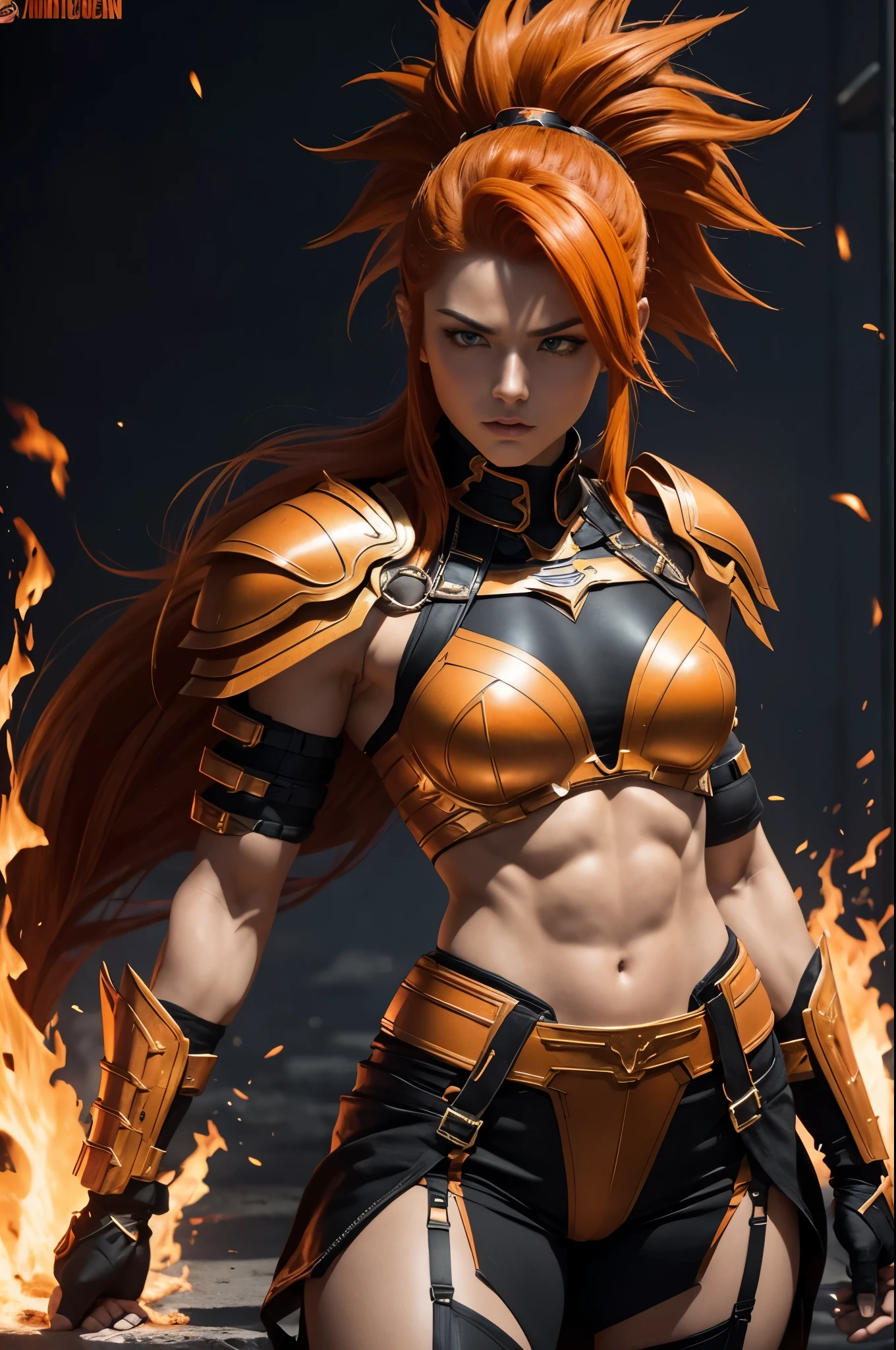 8k,A super muscular American female fire goddess, With the energy of a 20-year-old.,Super Beauty(Like the real thing),Staring angrily at the audience.,Orange Mohawk Hair,Sexy orange and black large chest armor(Fire God's Emblem),Orange Flame Gauntlets(Fire God's Emblem),Orange Flame Leg Guards(Fire God's Emblem),Orange and black shorts(Fire God's Emblem),Slender and muscular lower body,A dark and desolate land,Photorealistic RAW photos of the highest quality。Bright colors,Rich colors, Backlight, Cinema Lighting, Film Grain, 50mm lens, Nikon D850,Realistic Skin,Fantasy art,Character Art,Ultra-high resolution,Realistic Skin,Raised muscles,A 20-year-old beauty who is the goddess of fire,Black Flame God Costume(Orange flame emblem filigree),Energy Man,Showing off very intense and strong abs,Top-down view,Dynamic fighting pose,Uplifting,Bright Red Eyes,American Woman,Bodybuilding,Fighting style,Martial Arts Posture,Super muscle beauty,