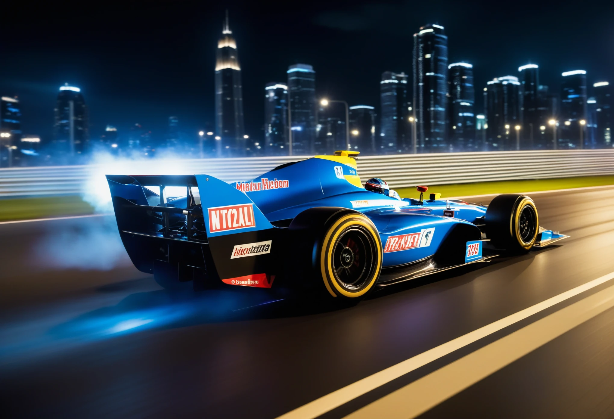 a Racing Car is racing through the streets of a night metropolis, blurred lights from high speed in the background, focusing on a Racing Car, the background is blurred due to the high speed of the Racing Car, lightning and energy discharges emanate from under the wheels of the Racing Car, indicating the great speed and power of the Racing Car, realistic, artistic photo, Racing Car in detail shown, attributes of Racing Street and road, cinematic frame, action, fast moving Racing Car