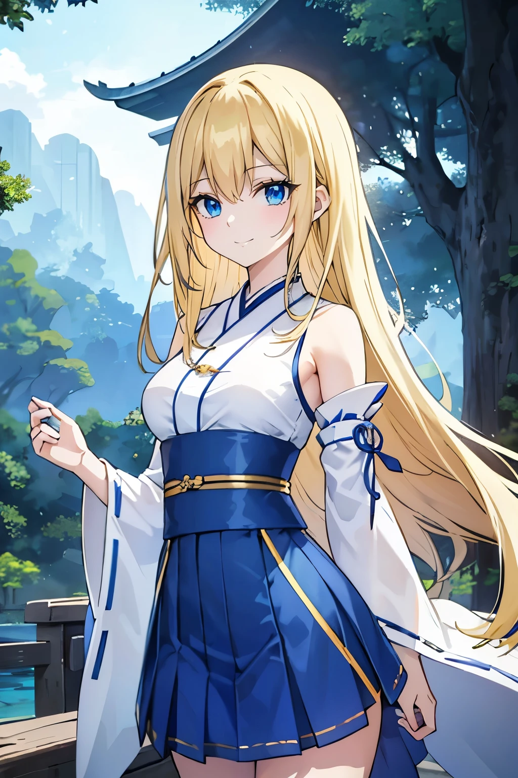 Safe for work, masterpiece, best quality, solo, 1 girl, (young female body:1.4), ( medium breasts), golden yellow hair, extra long hair, blunt bangs, crystal blue eyes, very detailed eyes, standing, elegant, smiling, cute girl, cowboy shot, hanfu, short chinese clothing, dark blue hanfu, forest, river, pond, chinese clothing, traditional blue hanfu, wholsome, safe for work, appropriate clothing, blue hakama, pleated blue skirt, detached sleeves, short hakama skirt