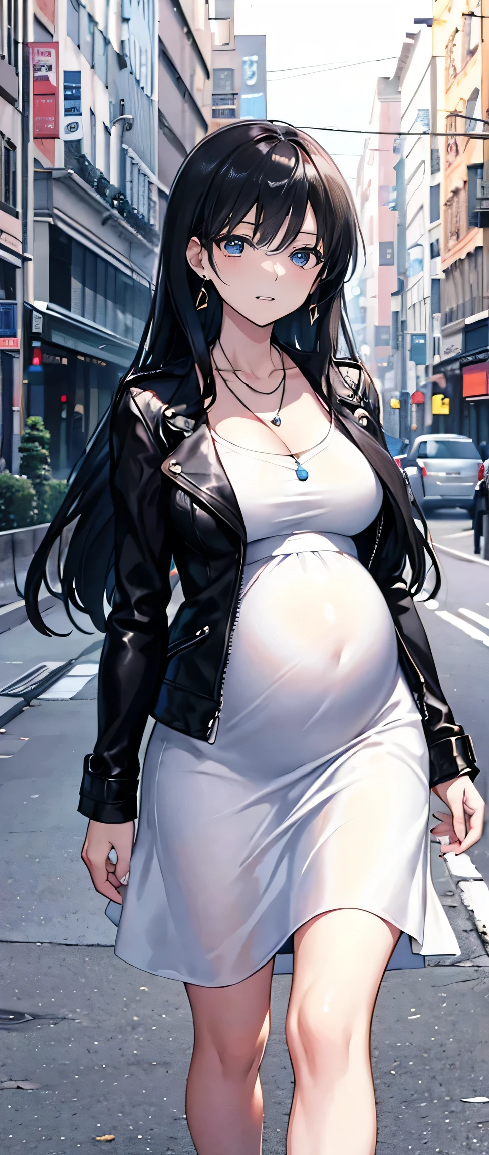 High resolution, high resolution,2D Anime Style,,Cool woman,Mature look,,Beautiful thighs,20th Generation,Black Long Hair,Blue Eyes,Beautiful watch,Beautiful earrings,Beautiful necklace,Casual Fashion,leather jacket,She wore a dress that revealed her shoulders.,He is smiling a little,whole body,Walking around the city, big pregnant belly, 40 weeks pregnant