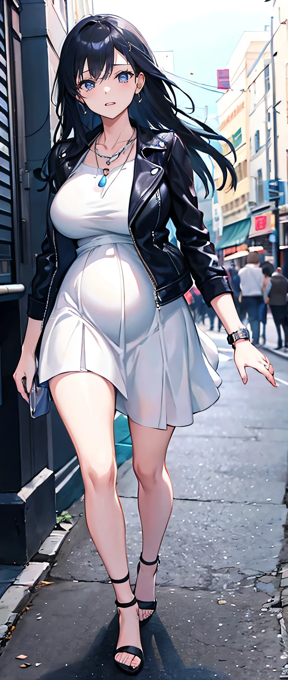 High resolution, high resolution,2D Anime Style,,Cool woman,Mature look,,Beautiful thighs,20th Generation,Black Long Hair,Blue Eyes,Beautiful watch,Beautiful earrings,Beautiful necklace,Casual Fashion,leather jacket,She wore a dress that revealed her shoulders.,He is smiling a little,whole body,Walking around the city, big pregnant belly, 40 weeks pregnant
