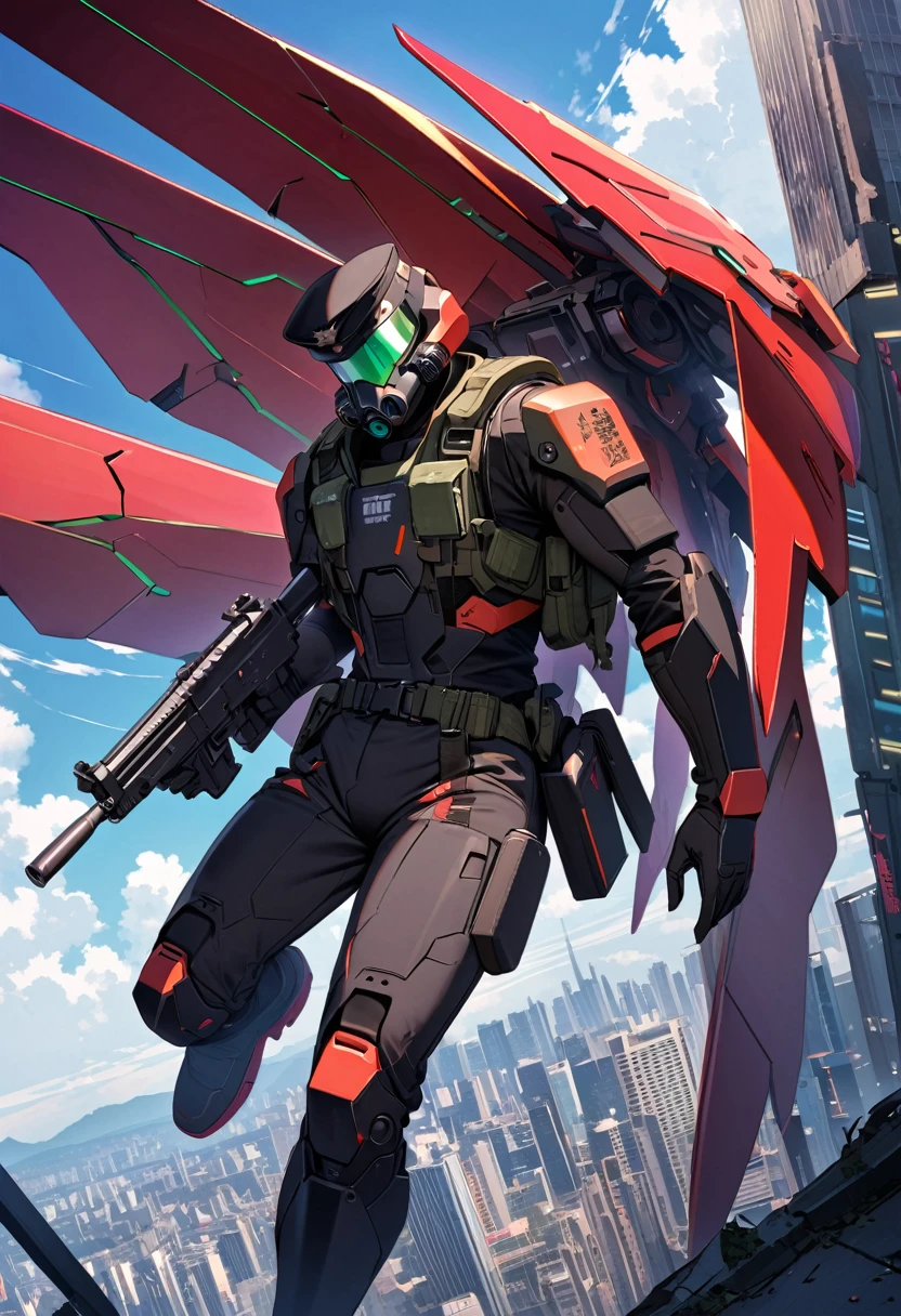 (masterpiece, best quality:1.1), (ultra highres, ultra-detailed:1.2) ,one man flying,officer,(boy pose),(black military cap,military Gasmask,black gloves,many gear shaped button,has gun(Luger-P08),(mechanical wings),),Mecha wings that shine like neon,BREAK cyberpunk military-suit,thin body,sky of ruined big city,japan,dynamic angle,