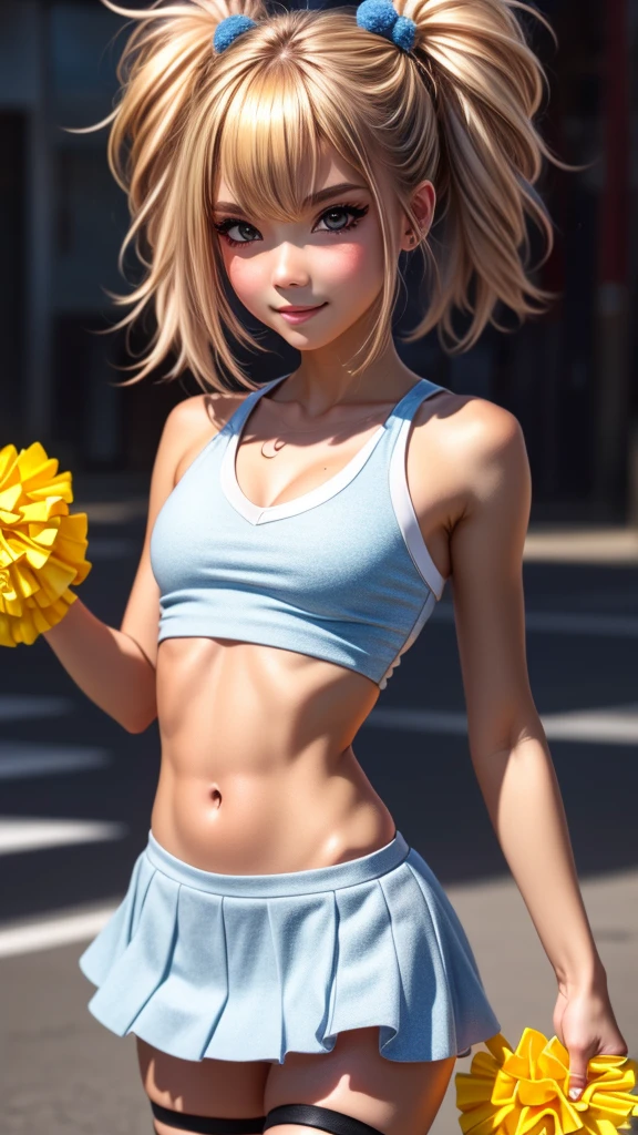 blonde anime girl with a light blue and white cheerleader outfit holding a yellow pom pom, blue eyes, one eye covered, have a cute brown dog ears, show belly, render of a cute 3d anime girl, anime styled 3d, happy!!!, pixiv 3dcg, cel shaded pbr, cheering, rin, kagamine rin, rendered in sfm, 8k!!, anime. soft lighting, 3d anime girl