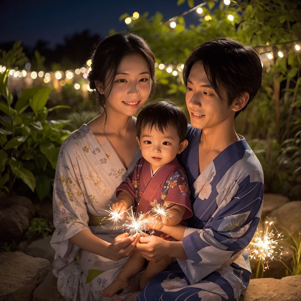 A watercolor painting of a Japanese mother in a yukata and her son enjoying sparklers in the garden at dusk, soft and gentle color palette, beautiful gradation of the evening sky in the background, nostalgic and heartwarming atmosphere created by the bleeding and pale colors typical of watercolors, summer flowers and greenery adorning the garden, serene and happy expressions on the faces of the Japanese mother and son illuminated by the soft light of the sparklers, highly detailed, artistically compelling composition, appealing Japanese