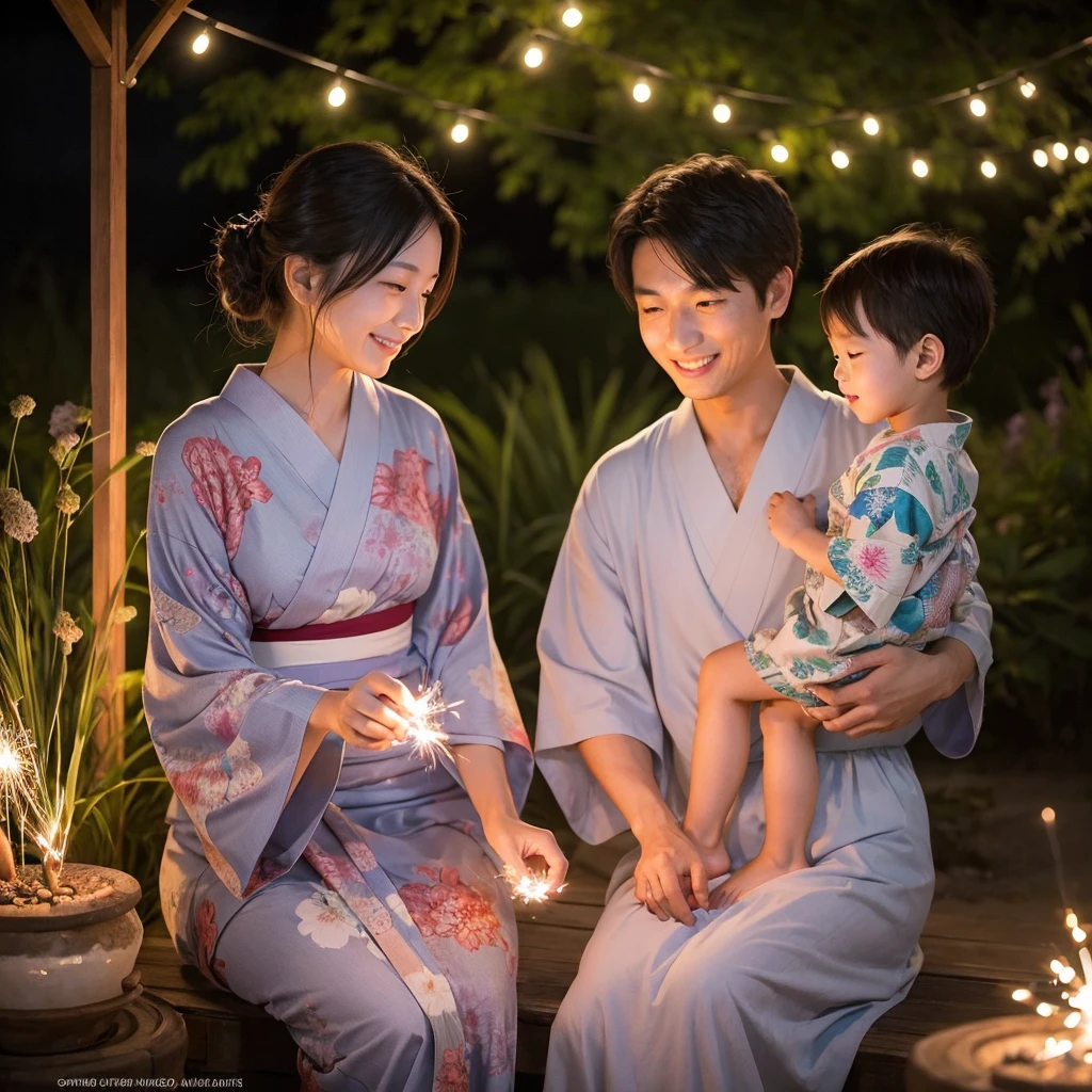 A watercolor painting of a Japanese mother in a yukata and her son enjoying sparklers in the garden at dusk, soft and gentle color palette, beautiful gradation of the evening sky in the background, nostalgic and heartwarming atmosphere created by the bleeding and pale colors typical of watercolors, summer flowers and greenery adorning the garden, serene and happy expressions on the faces of the Japanese mother and son illuminated by the soft light of the sparklers, highly detailed, artistically compelling composition, appealing Japanese