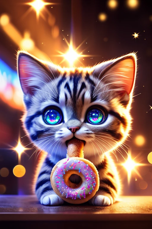(Highest quality、masterpiece、8k))、Anatomically correct、Very detailed、High resolution、Realistic、((Beautiful, sparkling, detailed eyes))、Intricate details、Cinematic lighting、((Dynamic composition))、kitten、Big head、Eating a donut、Mister Donut、The delicious feeling explodes