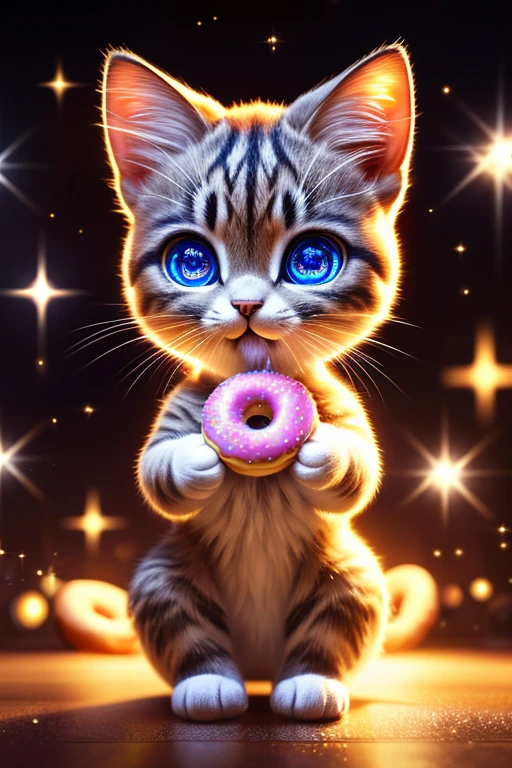 (Highest quality、masterpiece、8k))、Anatomically correct、Very detailed、High resolution、Realistic、((Beautiful, sparkling, detailed eyes))、Intricate details、Cinematic lighting、((Dynamic composition))、kitten、Big head、Eating a donut、Mister Donut、The delicious feeling explodes