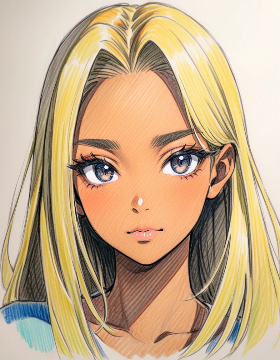 (color pencil drawing), draft drawing, face. (from front), female, age 18, solo, (dark skin:1.2), blonde long hair, black eyes, black eyeliner, false eyelashes