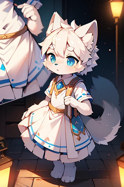 short white haired,( big blue eyes),anthropomorphic standing furry little wolf,((full body furry)), cute,(head bust close-up),Beautiful lights and shadows,delicate eyes,were white skirt,8k, highres, masterpiece, usharp focus, extreme detail description, professional, vivid colors, bokeh