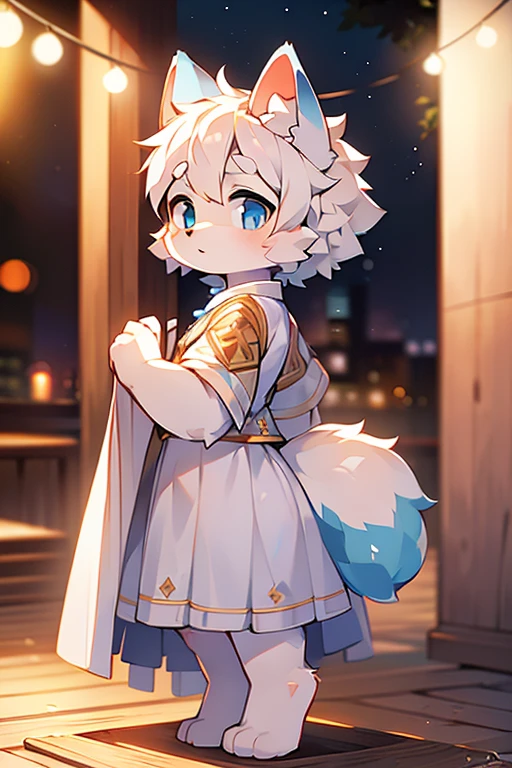 short white haired,( big blue eyes),anthropomorphic standing furry little wolf,((full body furry)), cute,(head bust close-up),Beautiful lights and shadows,delicate eyes,were white skirt，8k, highres, masterpiece, usharp focus, extreme detail description, professional, vivid colors, bokeh