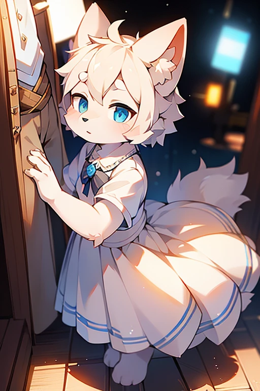 short white haired,( big blue eyes),anthropomorphic standing furry little wolf,((full body furry)), cute,(head bust close-up),Beautiful lights and shadows,delicate eyes,were white skirt,8k, highres, masterpiece, usharp focus, extreme detail description, professional, vivid colors, bokeh
