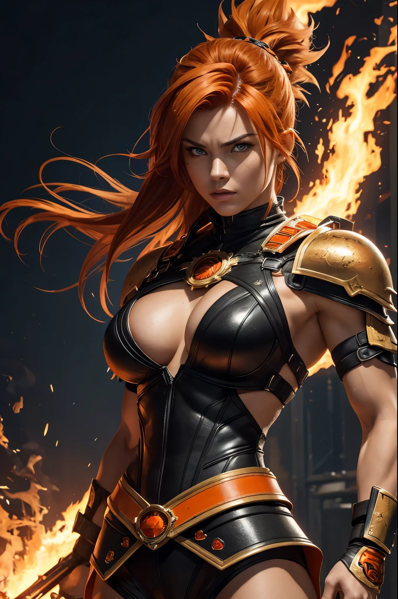 8k,A super muscular American female fire goddess, With the energy of a 20-year-old.,Super Beauty(Like the real thing),Staring angrily at the audience.,Orange Mohawk Hair,Sexy orange and black large chest armor(Fire God&#39;s Emblem),Orange Flame Gauntlets(Fire God&#39;s Emblem),Orange Flame Leg Guards(Fire God&#39;s Emblem),Orange and black shorts(Fire God&#39;s Emblem),Slender and muscular lower body,A dark and desolate land,Photorealistic RAW photos of the highest quality。Bright colors,Rich colors, Backlight, Cinema Lighting, Film Grain, 50mm lens, Nikon D850,Realistic Skin,Fantasy art,Character Art,Ultra-high resolution,Realistic Skin,Raised muscles,A 20-year-old beauty who is the goddess of fire,Black Flame God Costume(Orange flame emblem filigree),Energy Man,Showing off very intense and strong abs,Top-down view,Dynamic fighting pose,Uplifting,Bright Red Eyes,American Woman,Bodybuilding,Fighting style,Martial Arts Posture,Super muscle beauty,