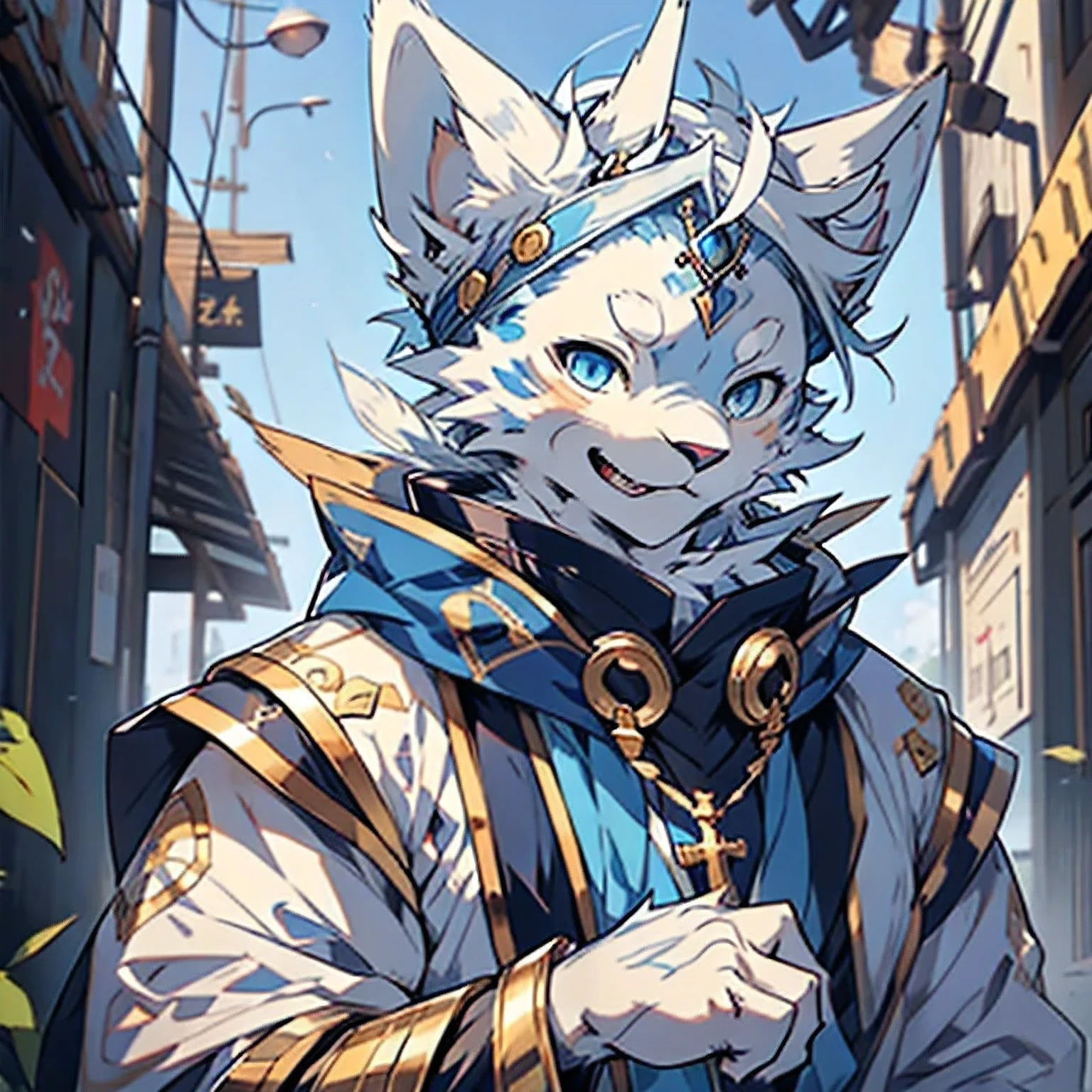 Anime cat,Gold and blue eyes,White hair,The ears are blue hairs,There is a string of blue rosaries around his neck,Very very beautiful furry art