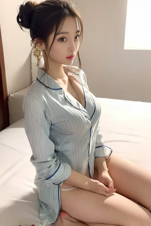 top Quority,Ultra-clear resolution, ((Beautiful Chinese aunt). Body. Sexy. Slim. Thin. Captivating. Natural face. No lipstick. Messy Bun. ( no Earrings-Earrings).
((Micro panties)), ((breasted button-up. pajama sleep shirt)), long legs_full body. Pose.erotic. sit down. On bed