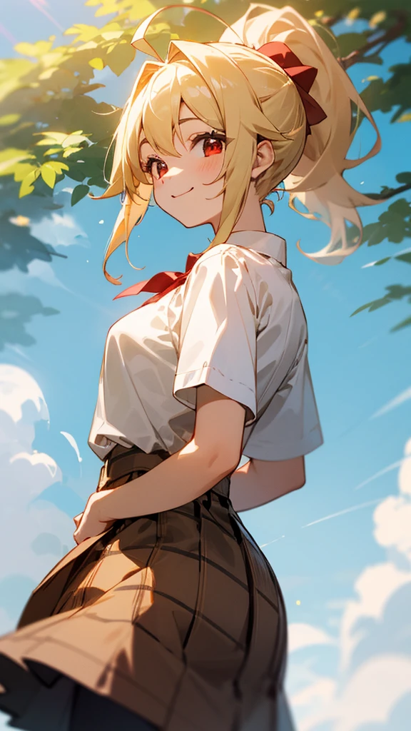 -yeld giblonde、ponytail、Round red eyes、Ahoge、Small breasts、From the back、smile、white blouse shirt、Checked skirt、wood々Under the bright sunlight shining through、Sharp contours