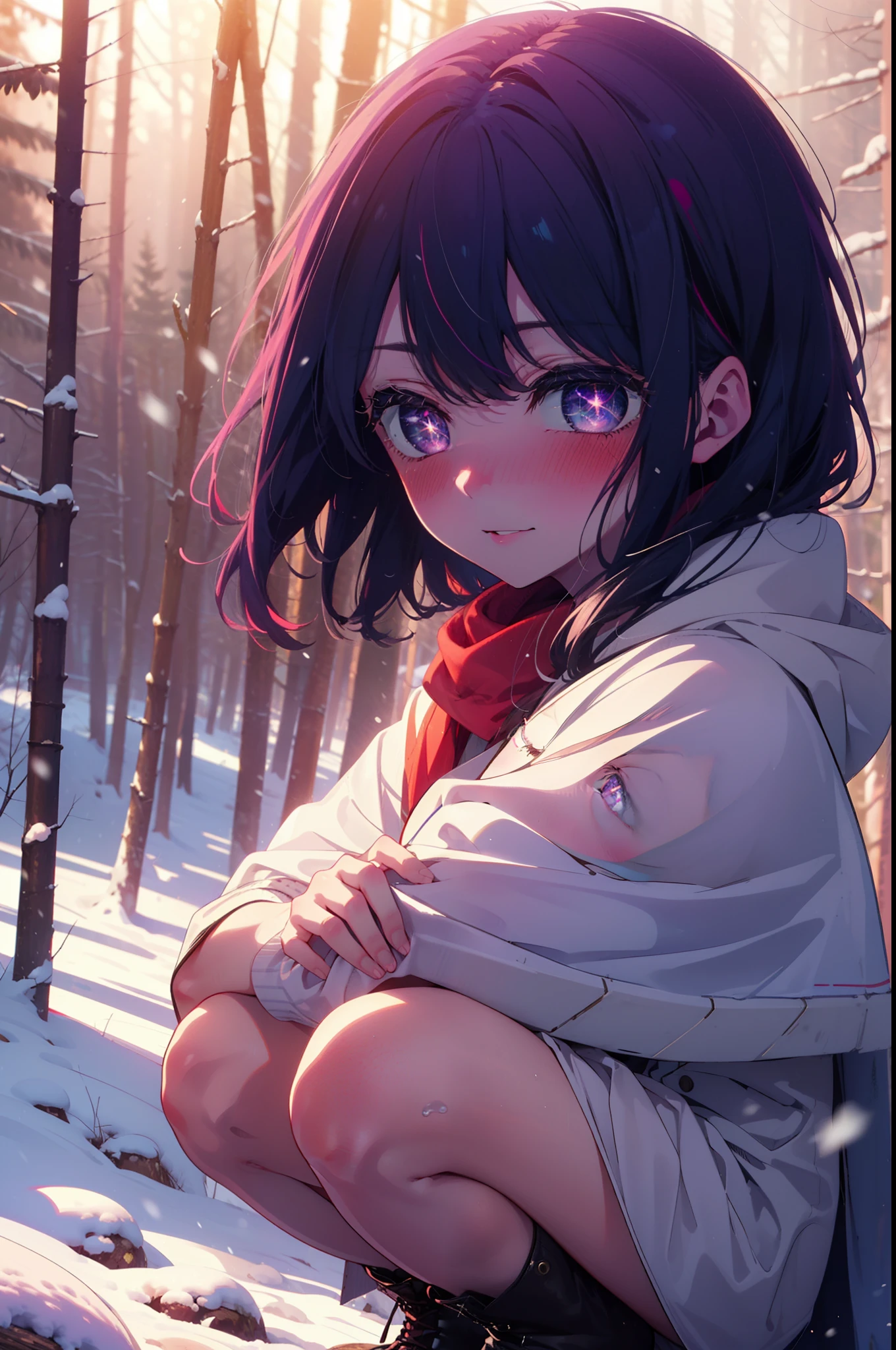 aihoshino, Ai Hoshino, Long Hair, bangs, (Purple eyes:1.1), Purple Hair, (Symbol-shaped pupil:1.5), smile,,smile,blush,white breath,
Open your mouth,snow,Ground bonfire, Outdoor, boots, snowing, From the side, wood, suitcase, Cape, Blurred, , forest, White handbag, nature, Squat, Mouth closed, Cape, winter, Written boundary depth, Black shoes, red Cape break looking at viewer, Upper Body, whole body, break Outdoor, forest, nature, break (masterpiece:1.2), Highest quality, High resolution, unity 8k wallpaper, (shape:0.8), (Beautiful and beautiful eyes:1.6), Highly detailed face, Perfect lighting, Highly detailed CG, (Perfect hands, Perfect Anatomy),