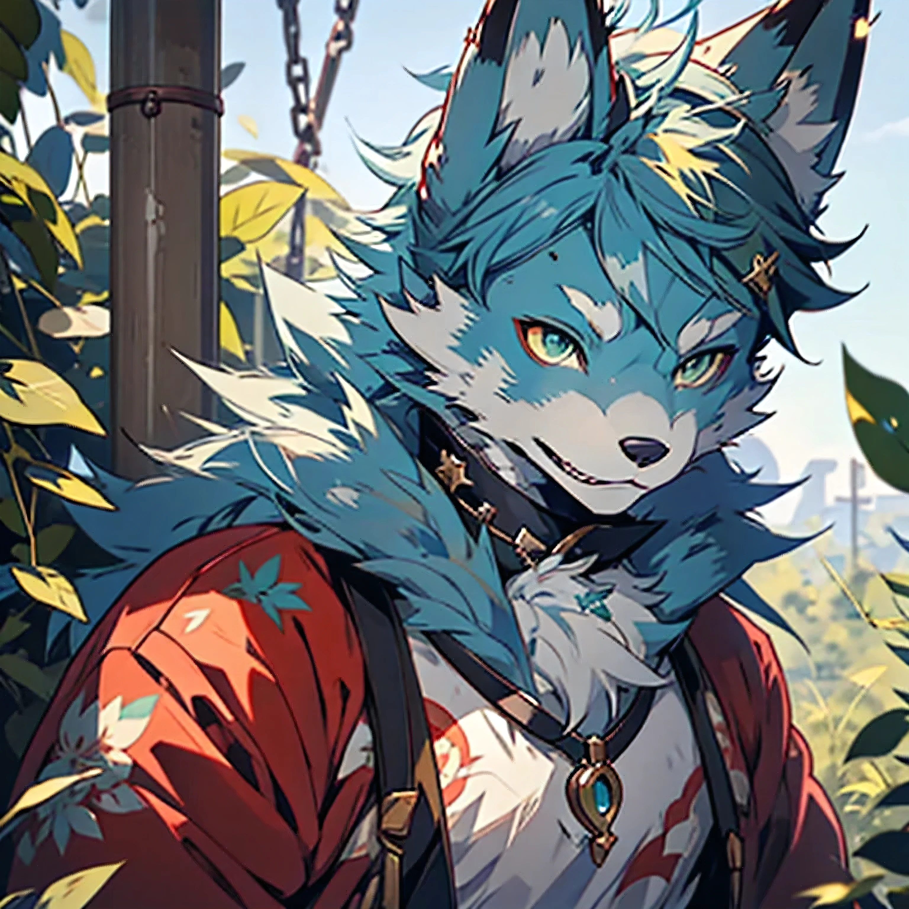 Anime Wolf，Green eyes，Blue hair，The ears are blue hairs，There is a cherry-colored necklace on the neck，Very very beautiful furry art
