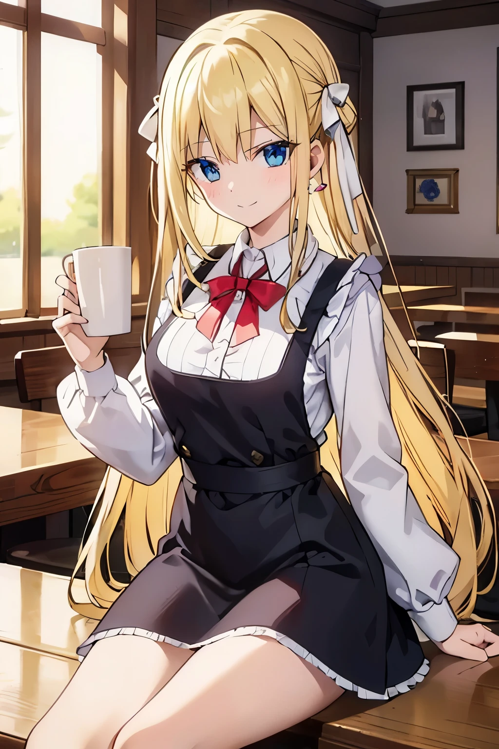 Safe for work, masterpiece, best quality, solo, 1 girl, (young female body:1.4), ( medium breasts), golden yellow hair, extra long hair, blunt bangs, crystal blue eyes, very detailed eyes, sitting at a table, elegant, smiling, cute girl, cowboy shot, coffee shop, restaurants background, apron dress, white and red apron dress, ribbons, bows, white dress, dark red apron