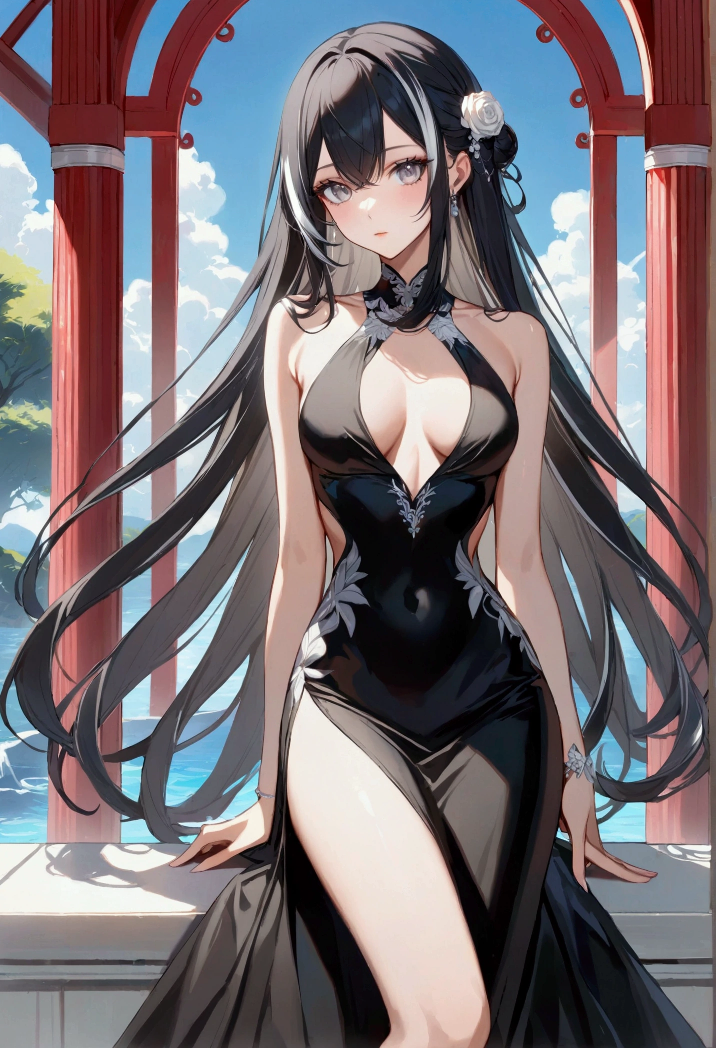 A girl with long black hair with white peekaboo highlights, white eyes, fair skin tone, slender and athletic built, elegant dress, detailed hair, detailed body, best quality, aesthetic, 8k