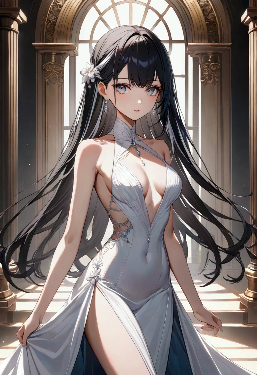 A girl with long black hair with white peekaboo highlights, white eyes, fair skin tone, slender and athletic built, elegant dress, detailed hair, detailed body, best quality, aesthetic, 8k