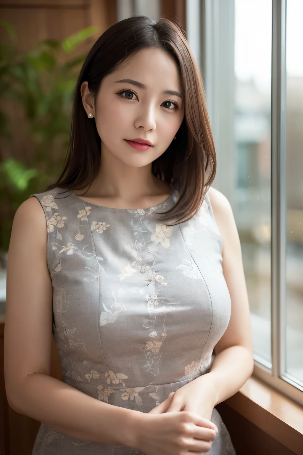 One girl, Mature Woman, photograph, Realistic, Highest quality, Detailed face, office,Detailed Background, Diffused sunlight, Depth of written boundary, Bokeh, China dress, sexy, Tribal pattern