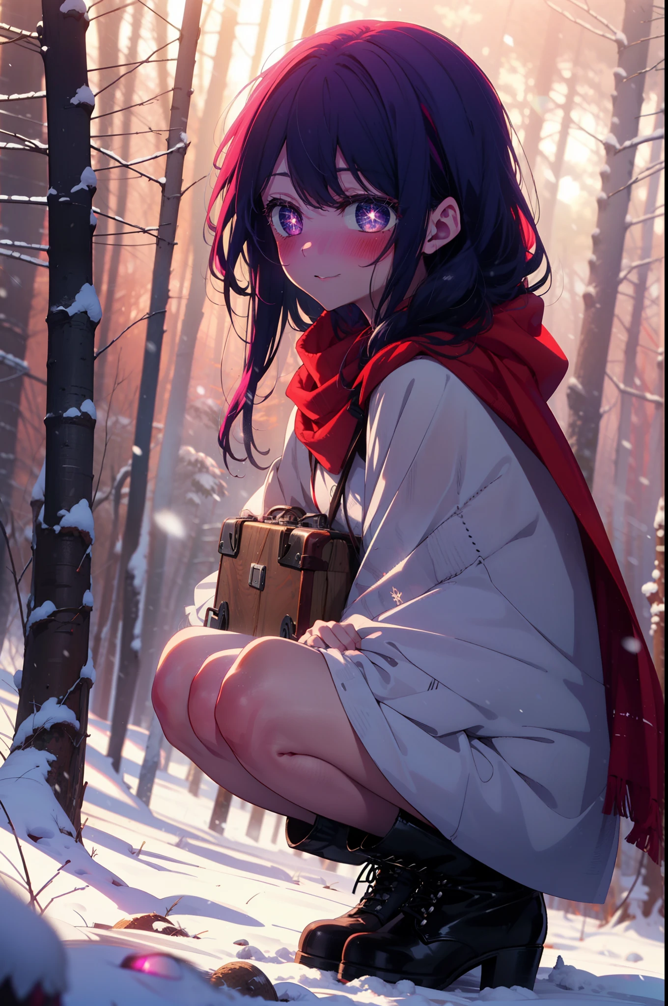aihoshino, Ai Hoshino, Long Hair, bangs, (Purple eyes:1.1), Purple Hair, (Symbol-shaped pupil:1.5), smile,,smile,blush,white breath,
Open your mouth,snow,Ground bonfire, Outdoor, boots, snowing, From the side, wood, suitcase, Cape, Blurred, , forest, White handbag, nature, Squat, Mouth closed, Cape, winter, Written boundary depth, Black shoes, red Cape break looking at viewer, Upper Body, whole body, break Outdoor, forest, nature, break (masterpiece:1.2), Highest quality, High resolution, unity 8k wallpaper, (shape:0.8), (Beautiful and beautiful eyes:1.6), Highly detailed face, Perfect lighting, Highly detailed CG, (Perfect hands, Perfect Anatomy),