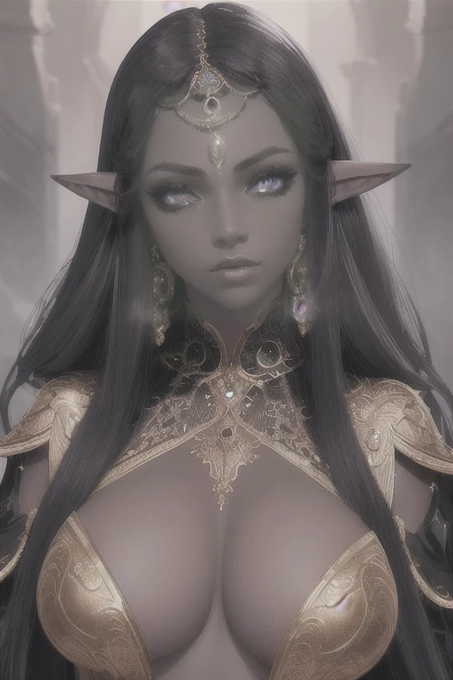 a dark elf girl, full body, glamorous, detailed face, beautiful eyes, high cheekbones, long eyelashes, elegant hairstyle, intricate jewelry, detailed skin texture, dramatic lighting, rich colors, atmospheric background, photorealistic, cinematic, 8k, best quality, masterpiece