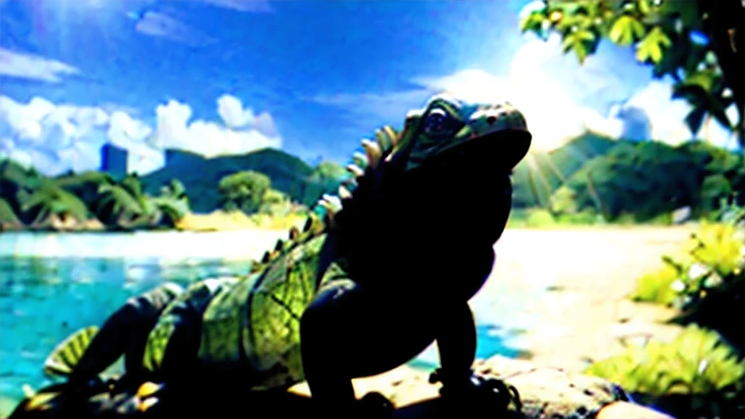 Big green iguana basking on a rock in the tropical sun --ar 16:9